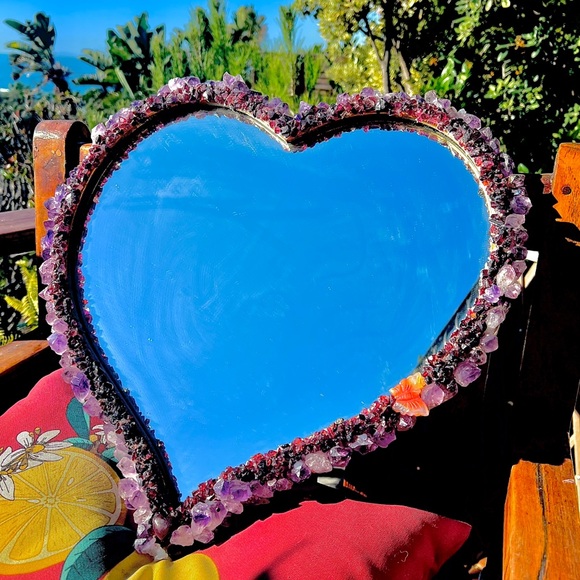 Amethyst & Garnet Encrusted Heart Shaped Wall Hanging Mirror 18inx16in - Picture 3 of 8